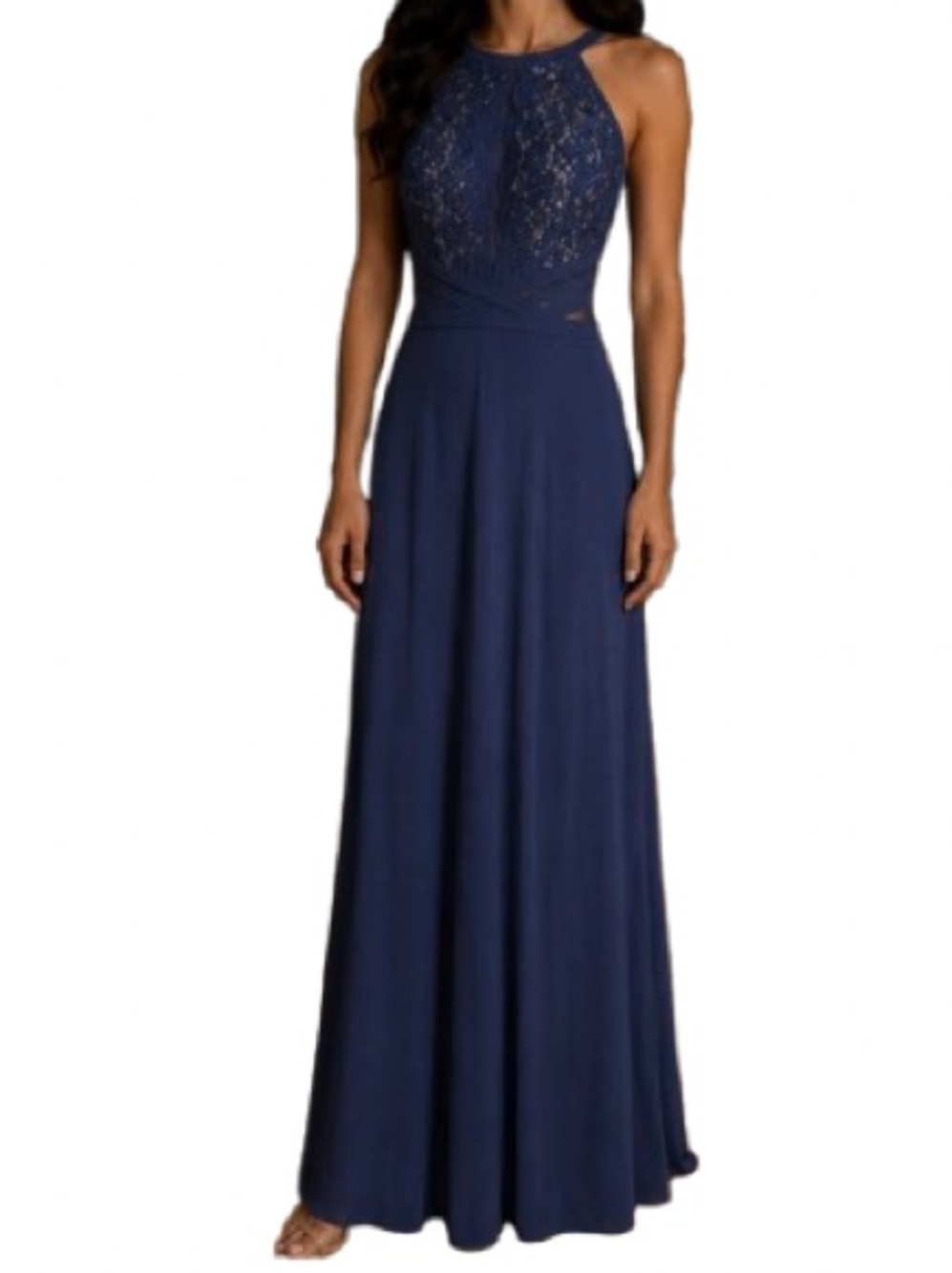 Morgan & Co
Navy Blue Lace Halter Gown floral lace halter-style bodice size 5